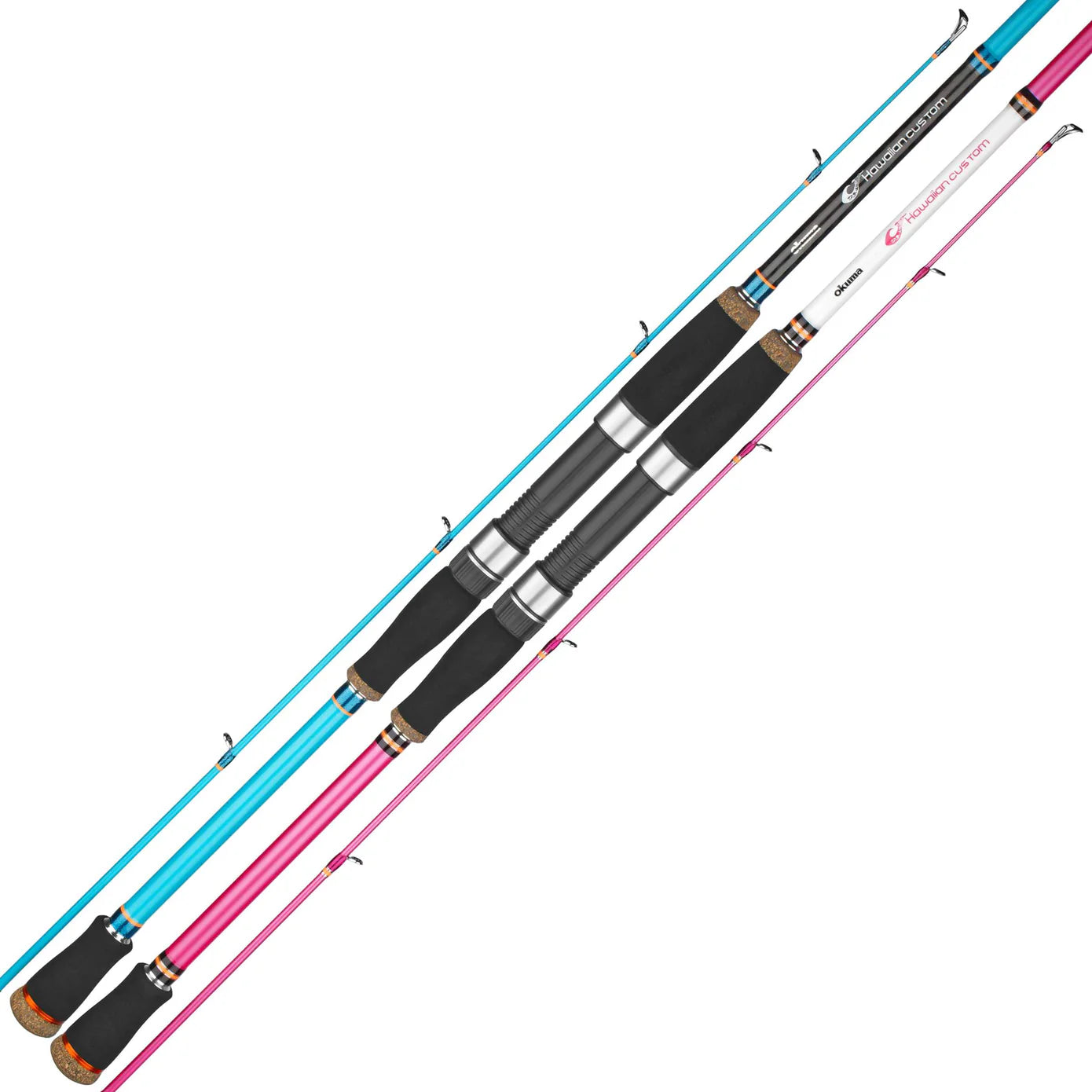 Three fishing rods with different colored handles on a white background