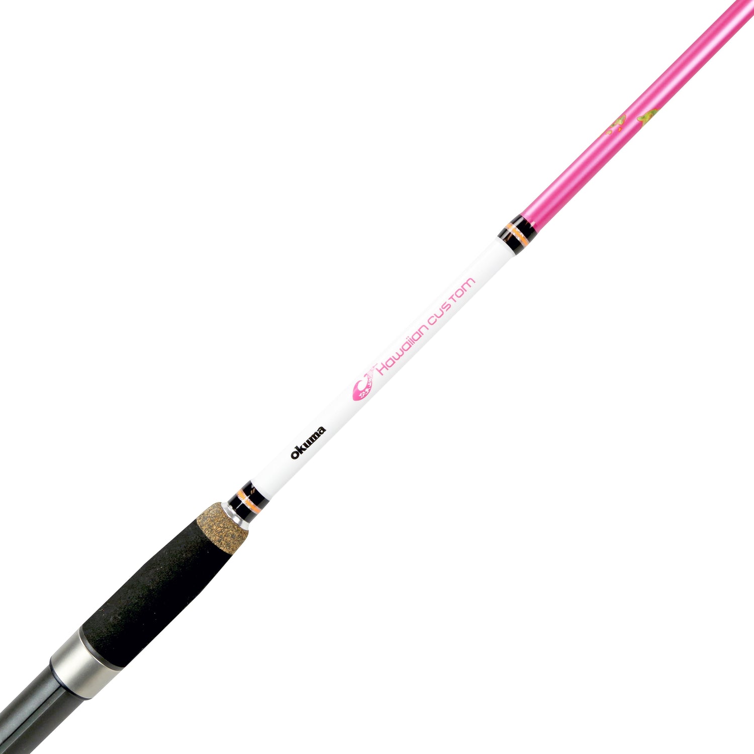 Fishing rod with pink handle and white shaft on a white background