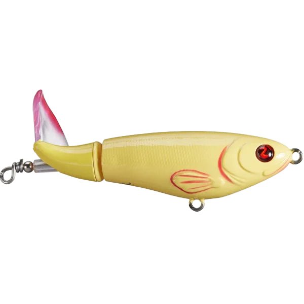 River2SeaRiver2Sea Whopper Plopper 90 Topwater Lure - TopwaterYellow fishing lure with red eye and pink tail on a white backgroundRIV408