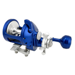 A blue and silver fishing reel mounted on a mounting plate, with a second view of the blue reel head in the background. The reel features a blue handle and silver metal components, including a wing nut and adjustment screws.