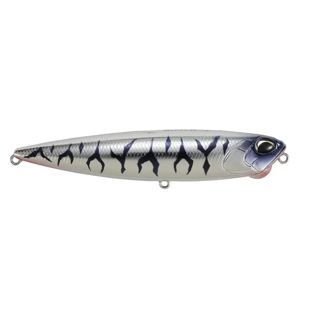 Fishing lure with a silver and black pattern on a white background