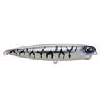 Fishing lure with a silver and black pattern on a white background