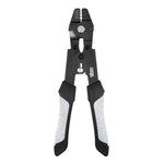 A pair of black and silver wire strippers with textured white and black handles, shown against a plain white background.