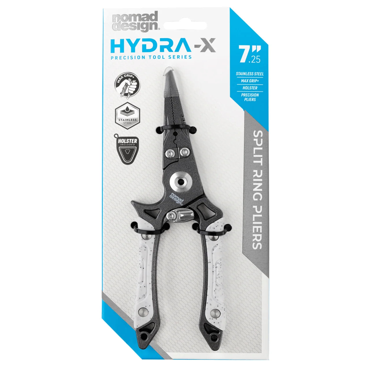 Pair of pliers with a black handle on a white background nomad brand