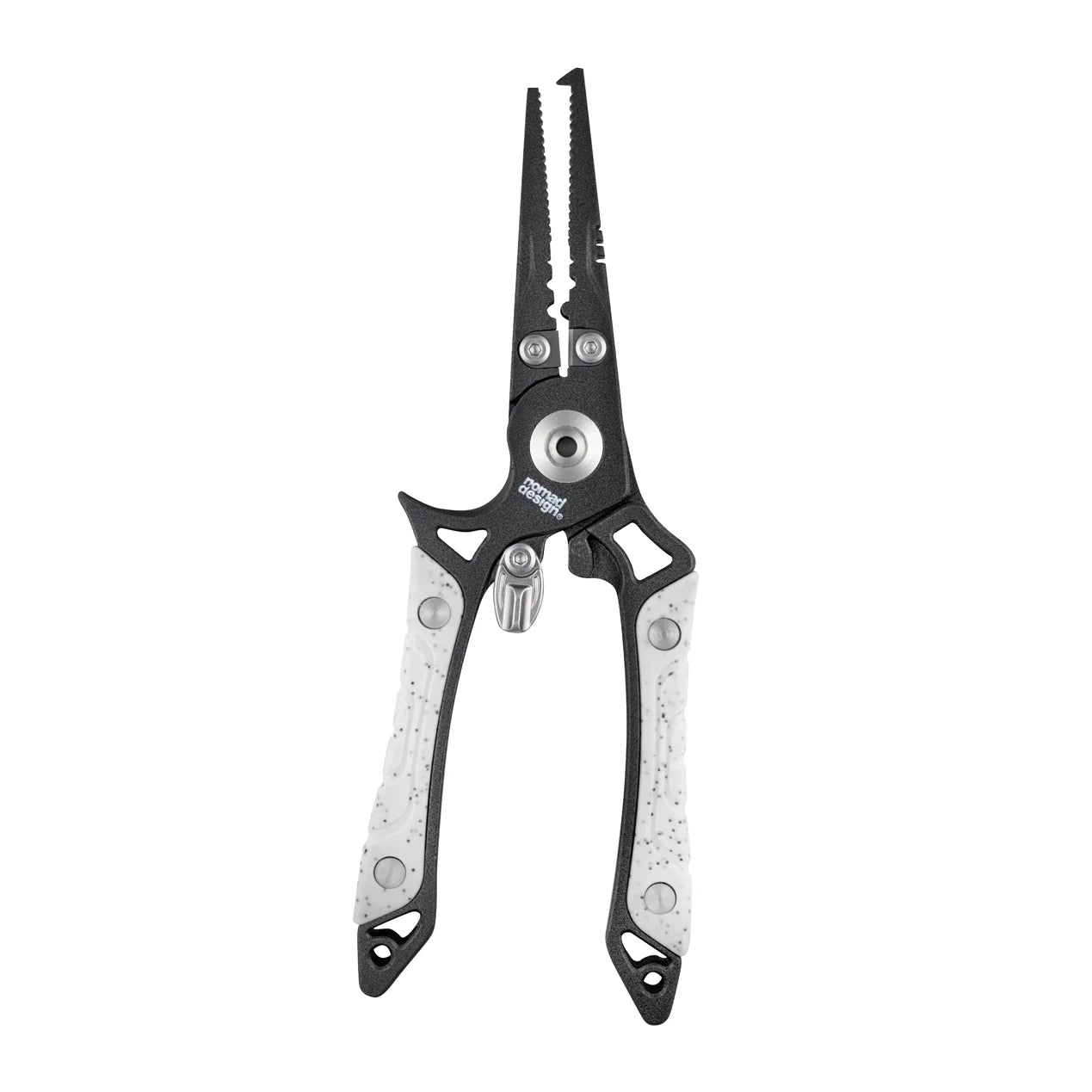 split ring pliers from nomad with serrated teeth on a white background