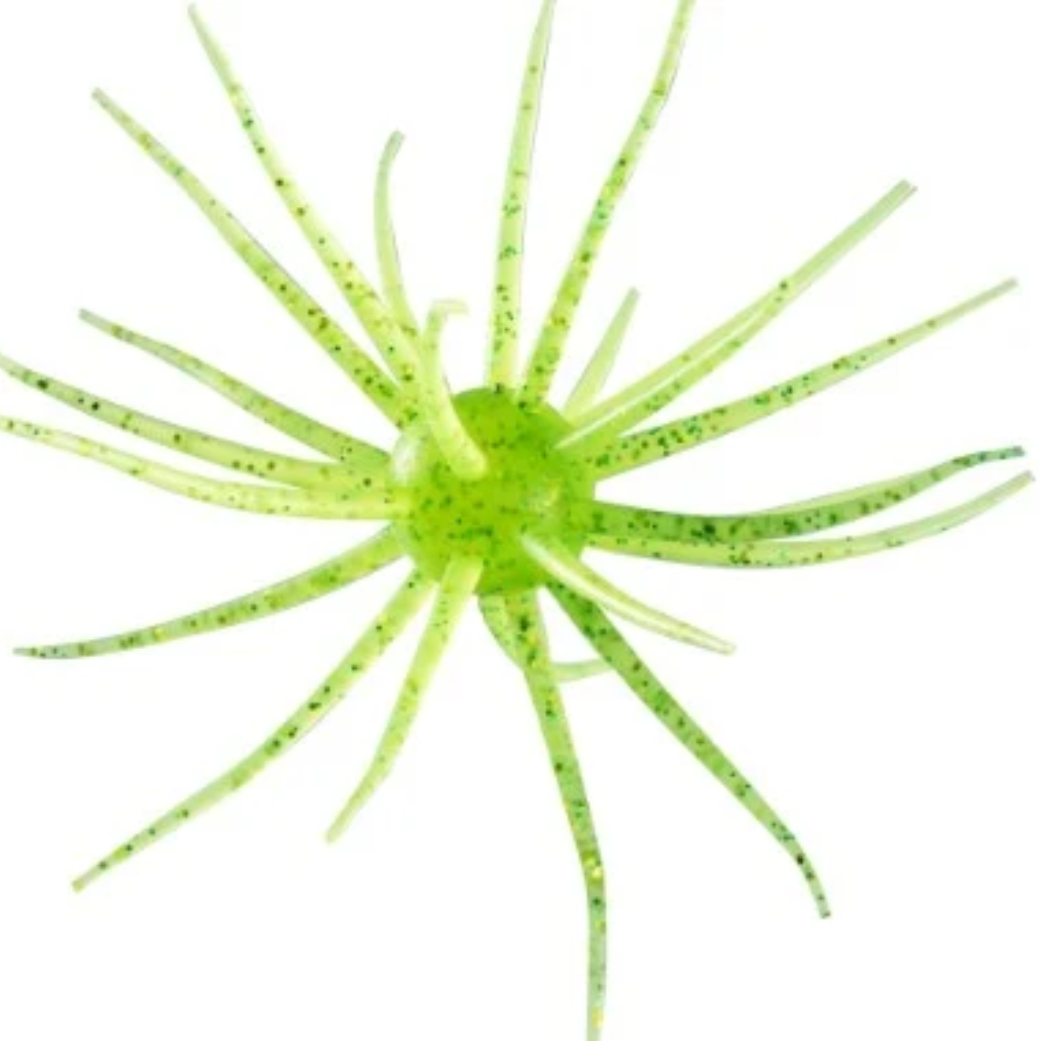 A bright green artificial fishing lure with multiple thin, spiky arms and dark glitter speckles, isolated on a white background.
