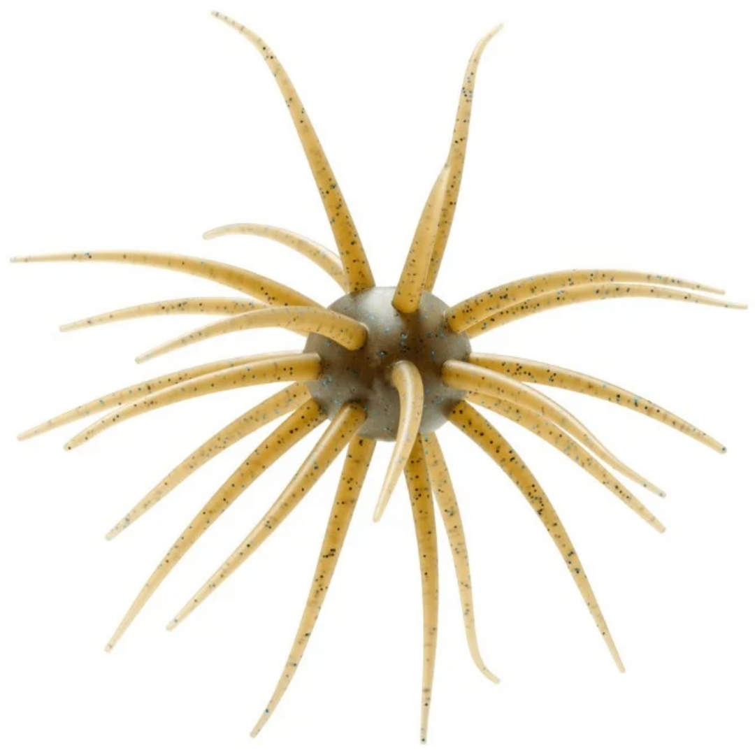 A single artificial fishing lure with a pale beige center and numerous long, slender tan-tan tentacles speckled with small black dots, isolated on a white background.