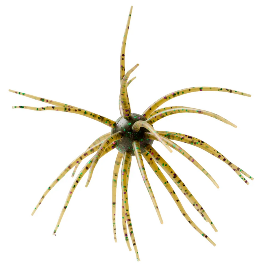 Spiky green and brown FISHING LURE on a white background