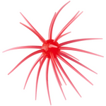 A red plastic fishing lure sea anemal with multiple long, thin tentacles radiating from a round central body, isolated on a white background.