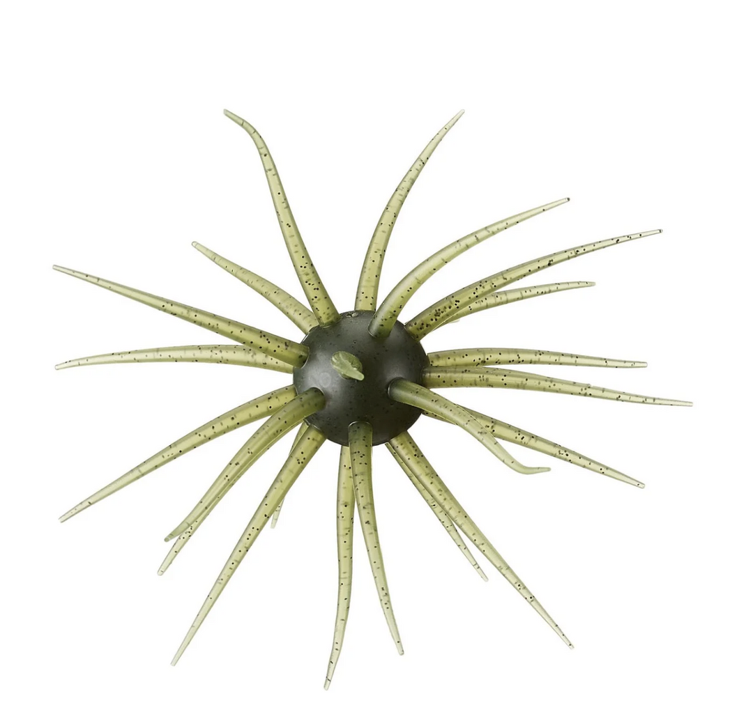 Urchin shaped fishing lure plastic with green tentacles and white background