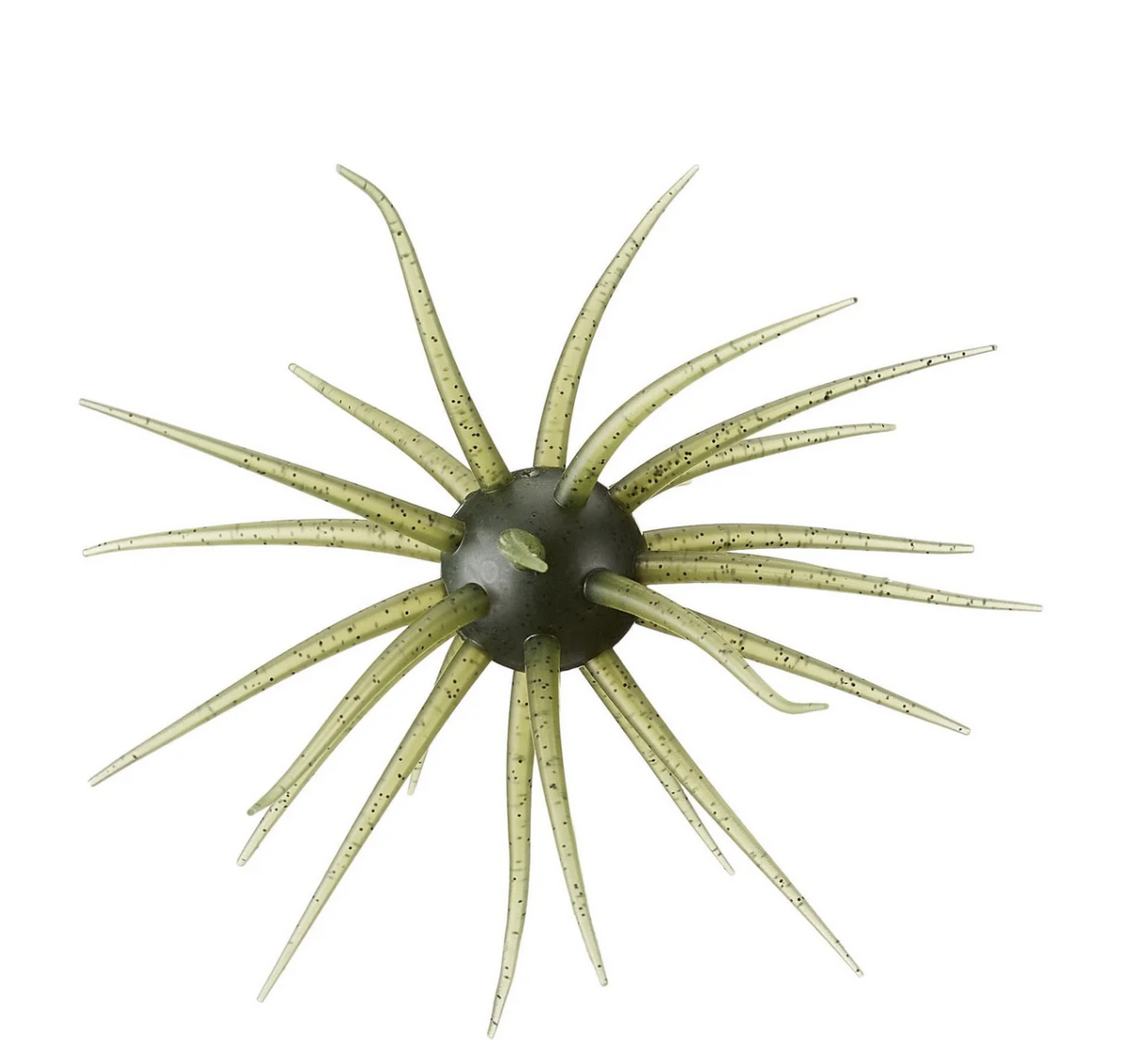 Urchin shaped fishing lure plastic with green tentacles and white background