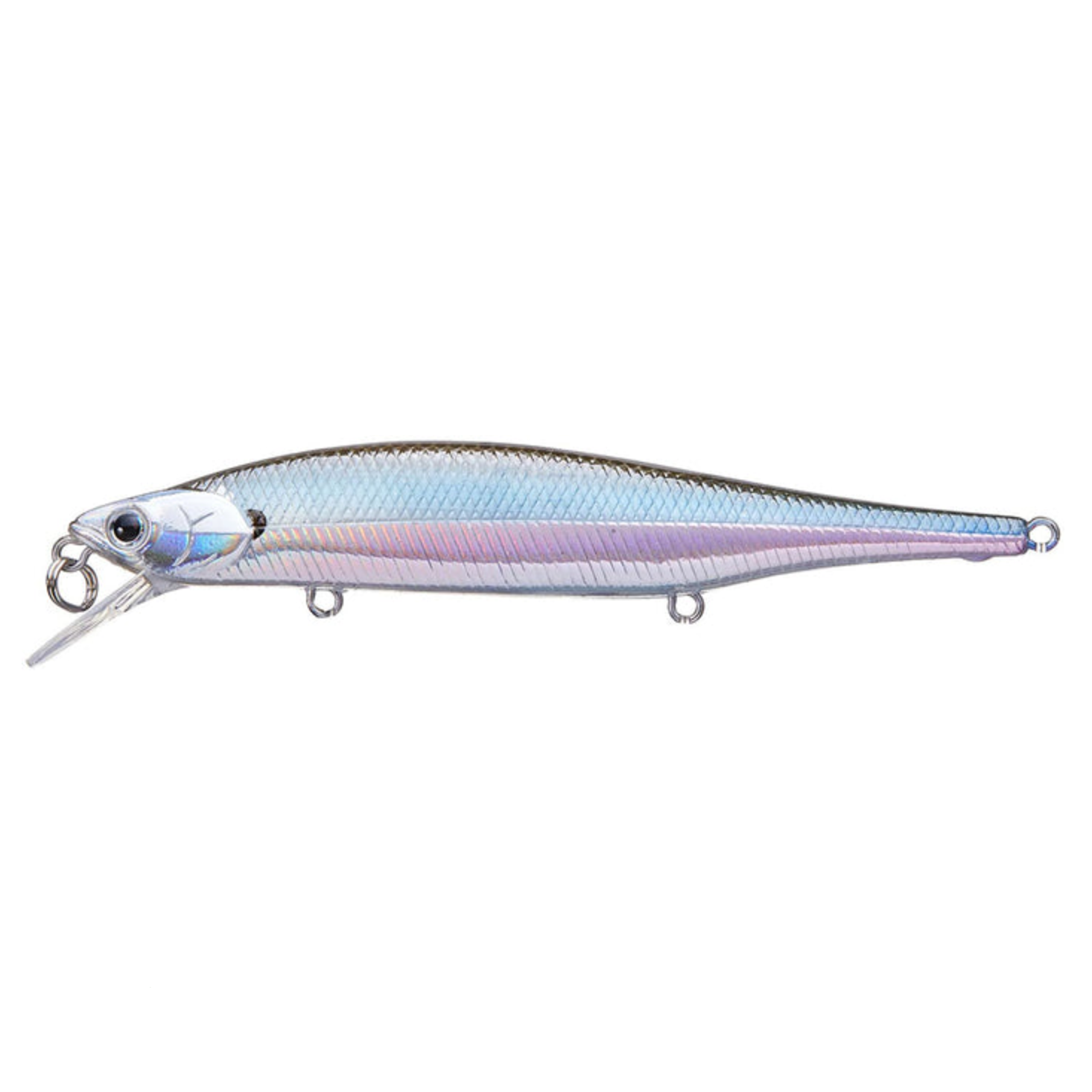 A metallic silver and blue minnow fishing lure with a realistic scale pattern, shown against a white background with product text below.
