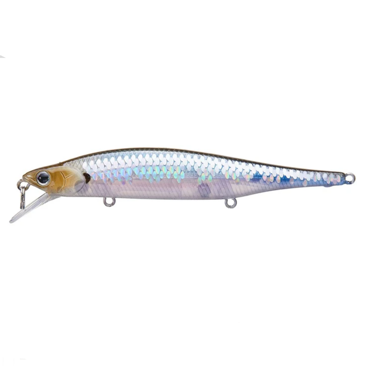 A hard fishing lure shaped like a minnow, shown in side profile on a white background with product text below reading 'MS Ghost Minnow'. The lure has a silver body with iridescent blue and green shimmer, a gold head, and metal hooks and eye details.