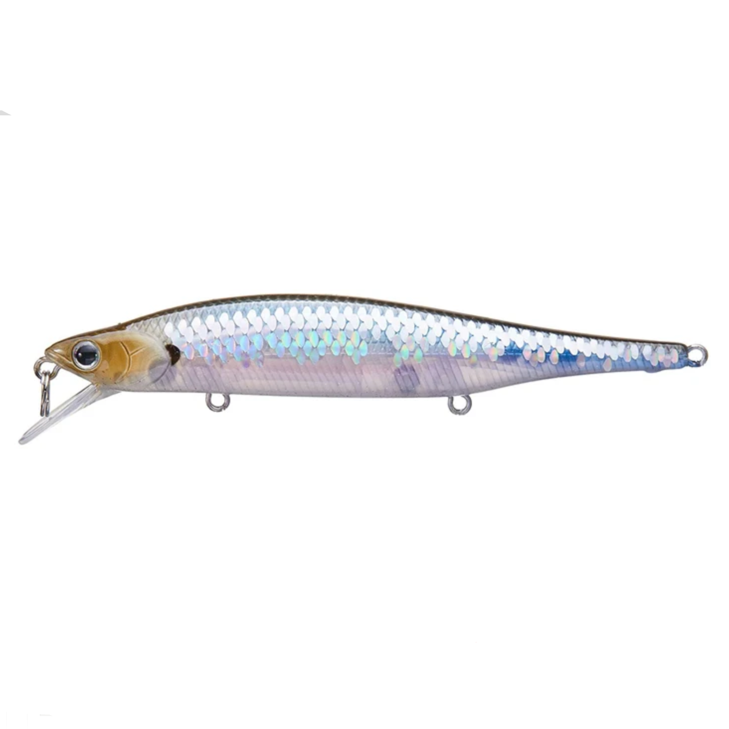 A hard fishing lure shaped like a minnow, shown in side profile on a white background with product text below reading 'MS Ghost Minnow'. The lure has a silver body with iridescent blue and green shimmer, a gold head, and metal hooks and eye details.
