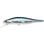 A silver and blue metallic fishing lure with a realistic scaled fish body, large eye, and two metal hooks, shown against a white horizontal band with black bars above and below.