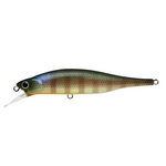 A hard bait fishing lure shaped like a small fish, shown on a white background with text below reading 'BE Gill'. The lure has a dark olive-green back, warm brown vertical stripes, a pale cream belly, and a clear diving bill.
