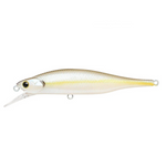 A chartreuse shad hard fishing lure shown from the side on a white background, with a silver and translucent body, yellow-gold side stripe, and realistic eye detail. Text below reads 'Chartreuse Shad'.