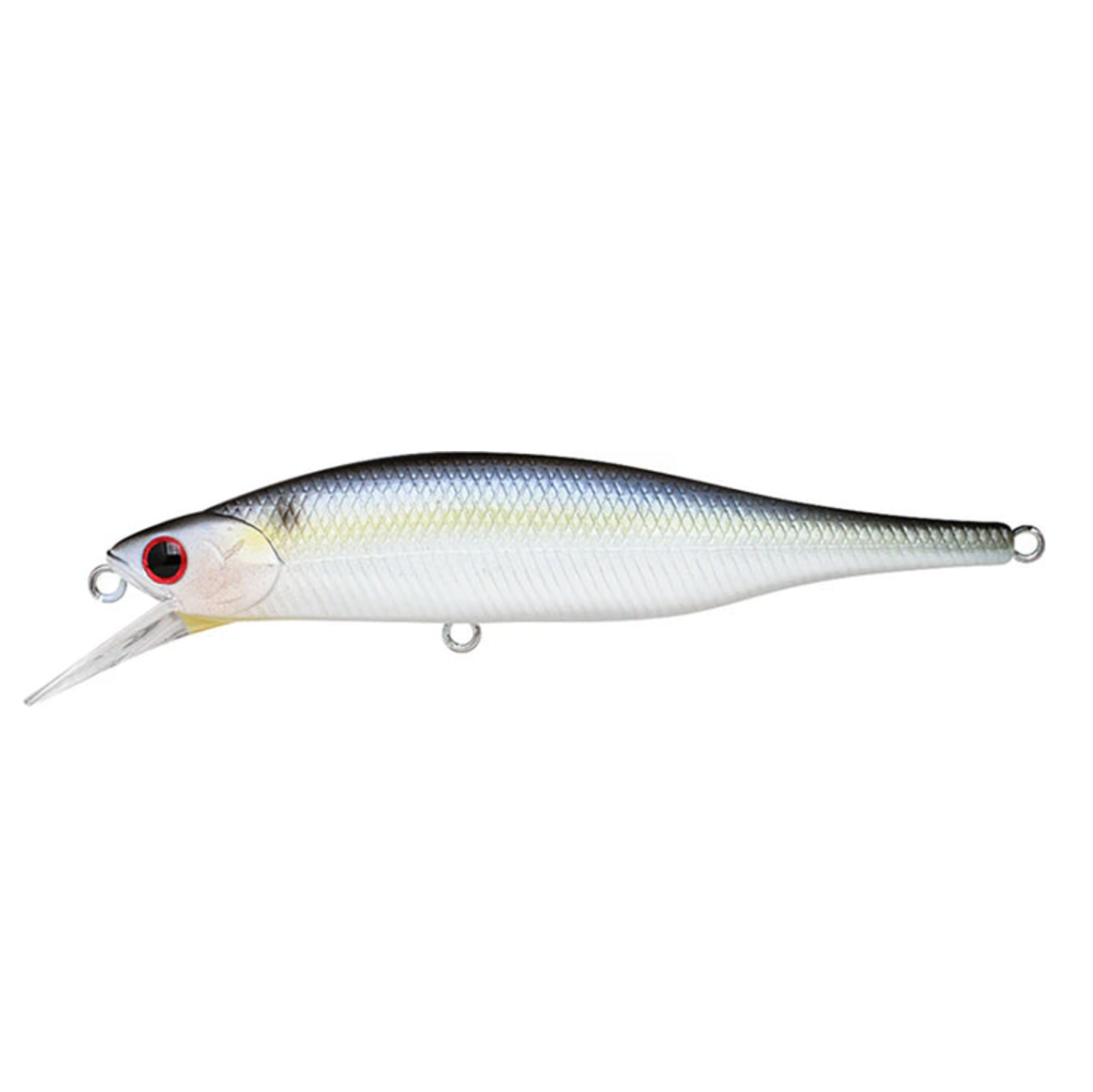 A side-profile view of a fishing lure labeled 'Pearl Threadfin Shad' on a mostly white webpage background. The lure is elongated with a silver-white body, a dark gray to black back, a subtle yellow stripe along the side, and a red-and-black eye.