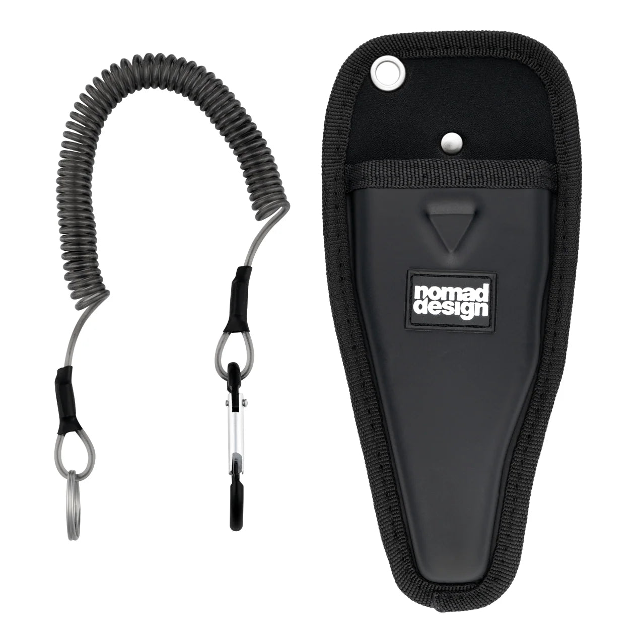 Black lanyard with carabiner and pouch on a white background, featuring 'nomad design' branding.