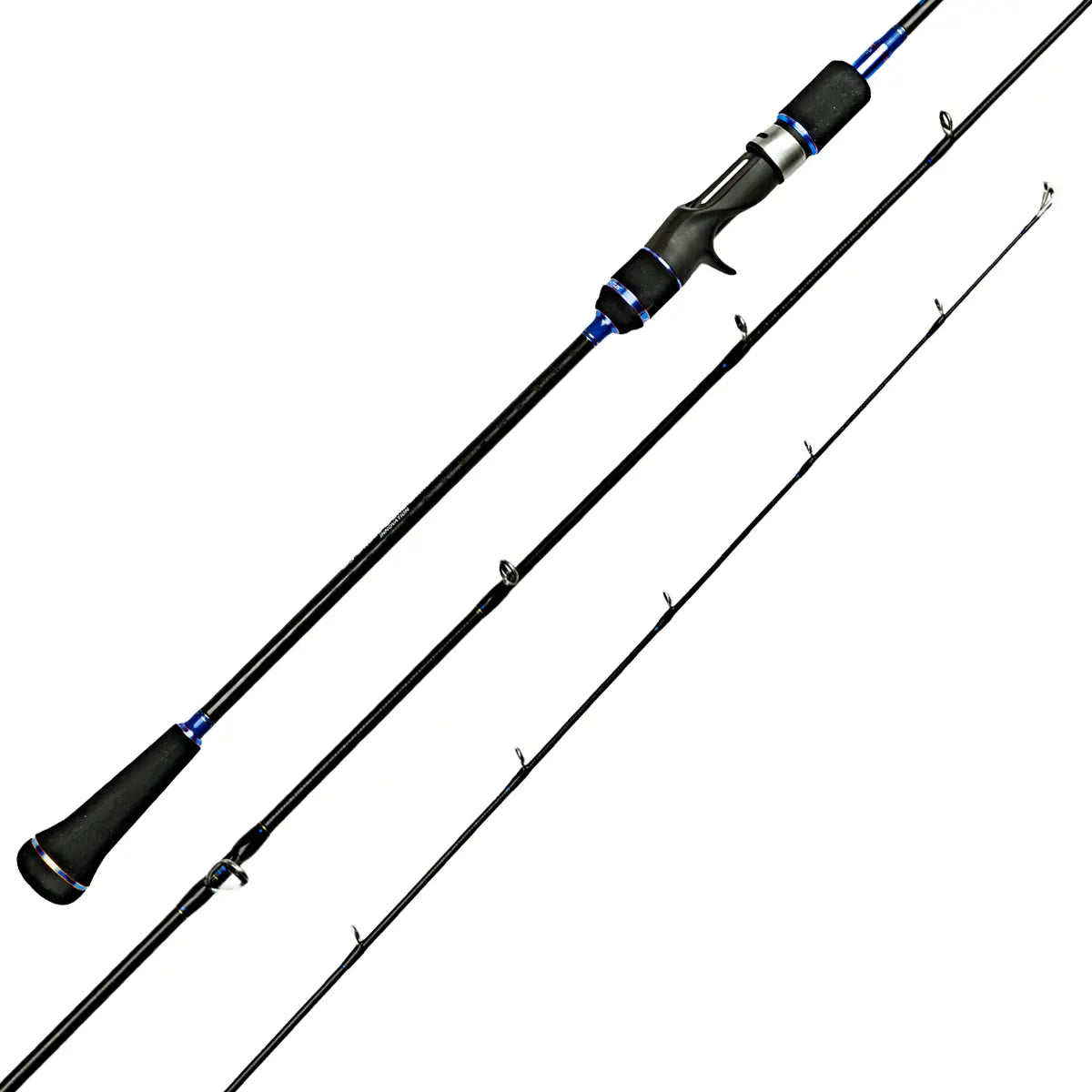 A black fishing rod shown in three diagonal views against a solid white background, highlighting the handle, shaft, and blank.