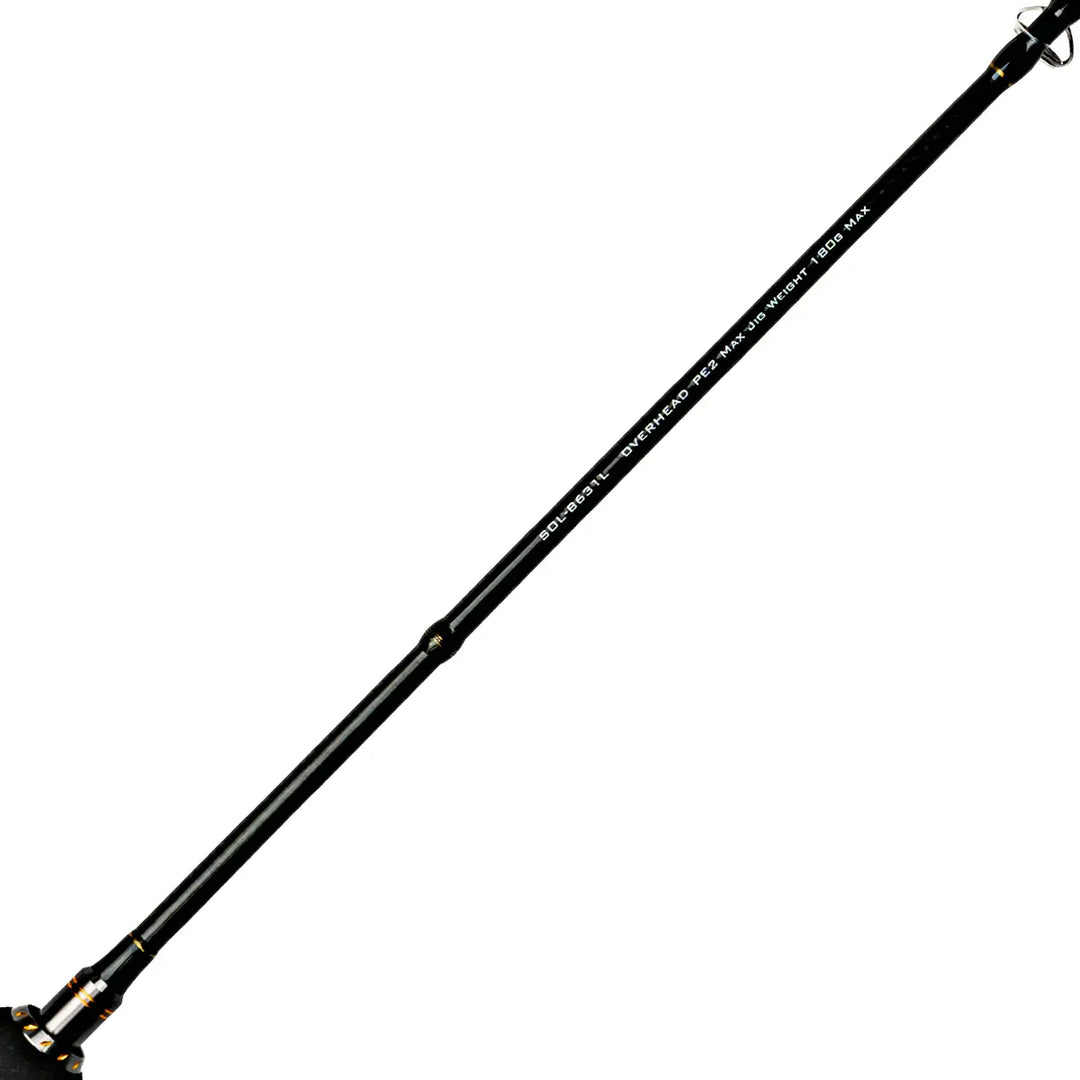 A black fishing rod shown diagonally against a solid white background, featuring white printed text and gold-colored metal hardware accents.