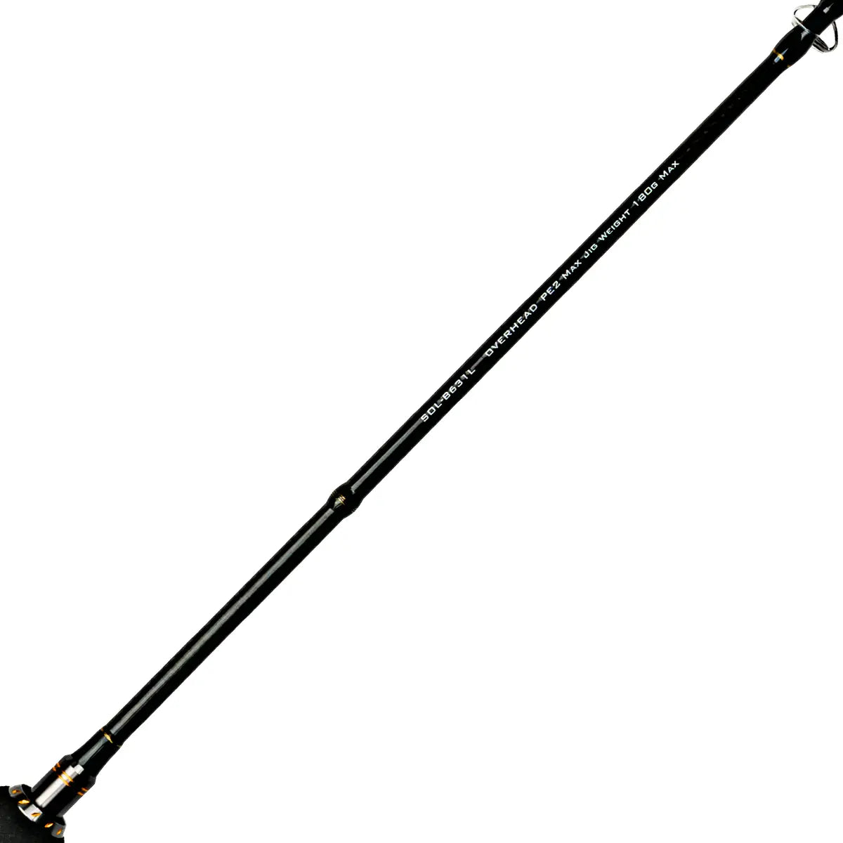 A black fishing rod shown diagonally against a solid white background, featuring white printed text and gold-colored metal hardware accents.