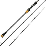 A black fishing rod shown in two separated sections on a plain white background, with gold and silver accents near the handle and grip.