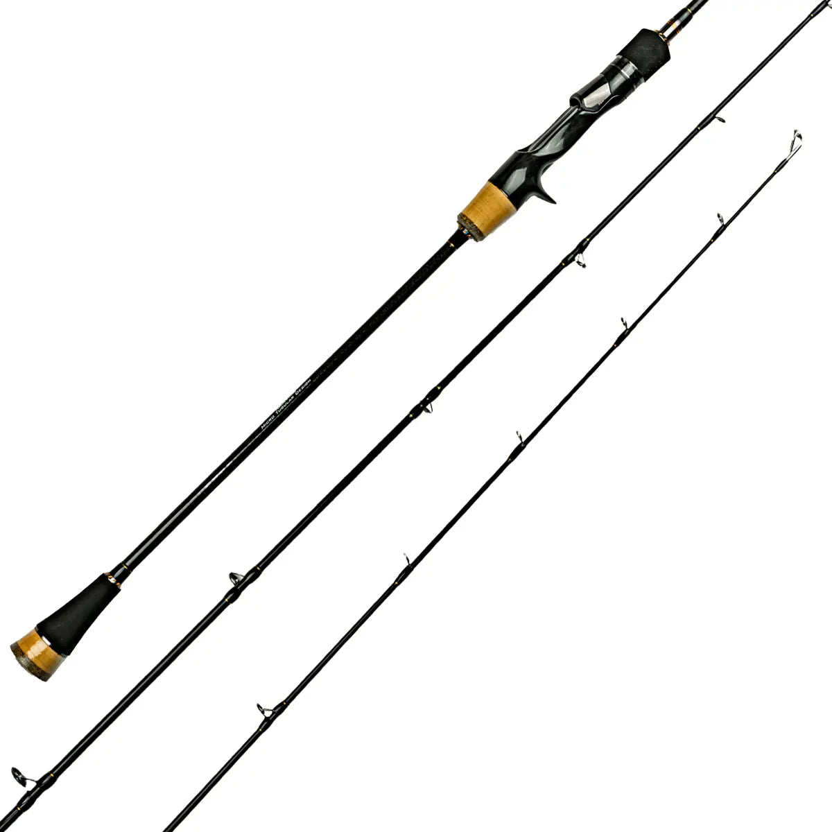 A black fishing rod shown in two separated sections on a plain white background, with gold and silver accents near the handle and grip.