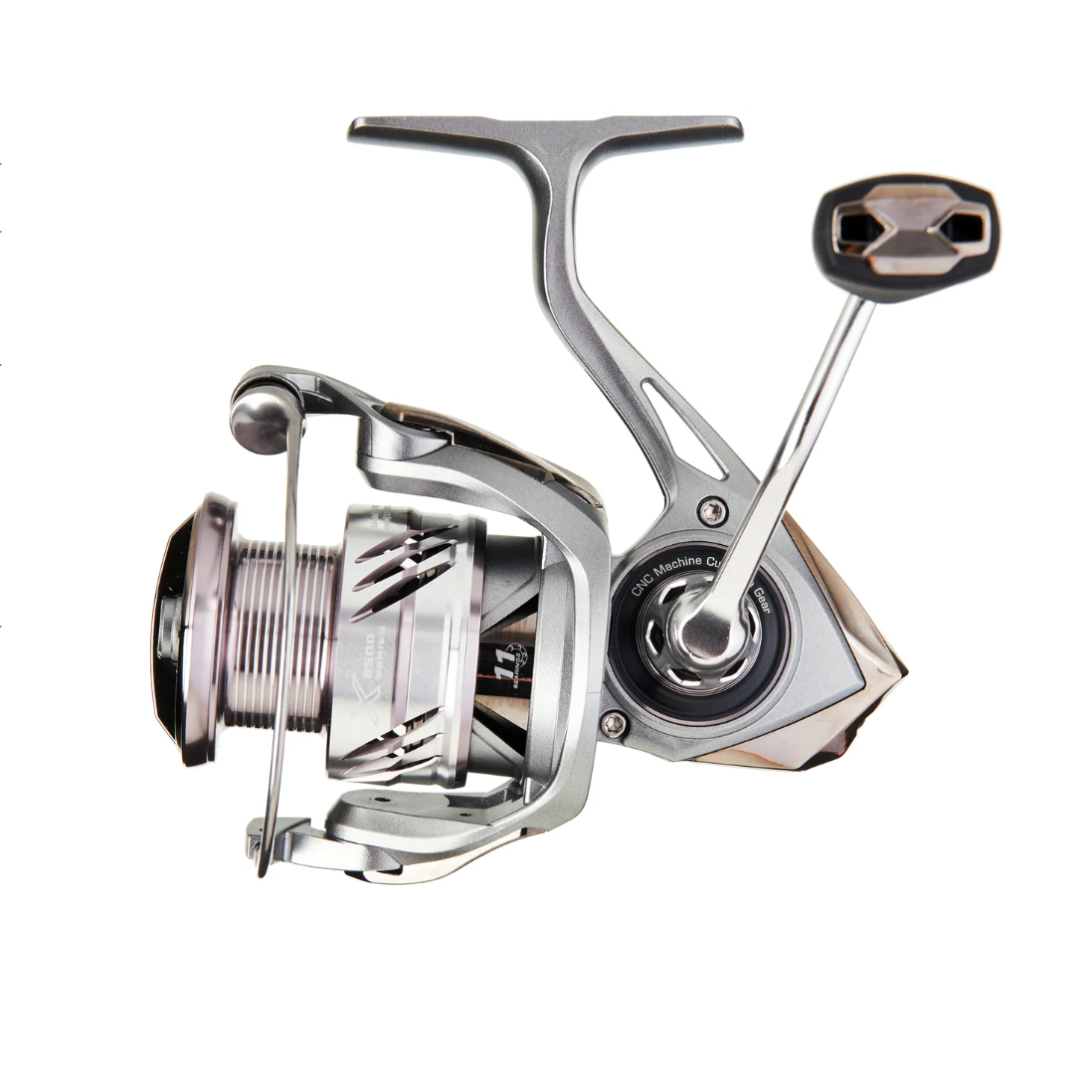 A silver spinning fishing reel with a metallic body, black and silver handle, and silver line spool, shown on a plain white background.