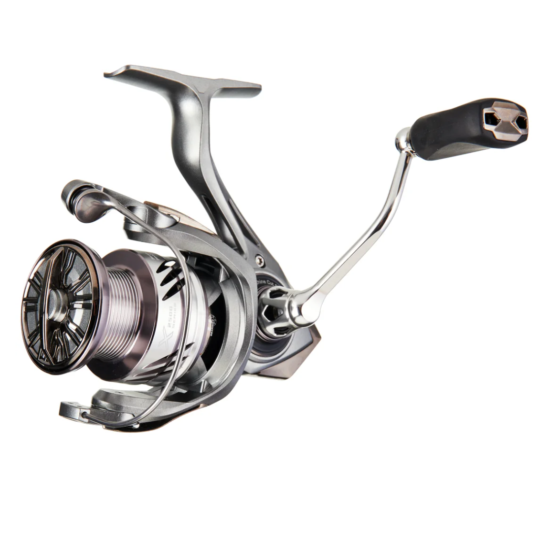 A silver and black spinning fishing reel with a metallic handle, shown on a plain white background with a small navigation dot icon below.