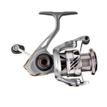 A metallic silver and black spinning fishing reel with a T-shaped handle, shown on a plain white background with a small navigation icon below.