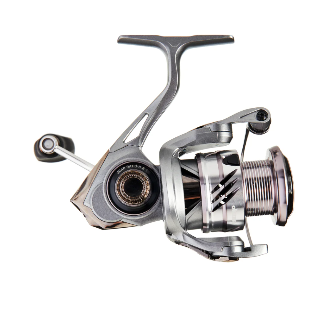 A metallic silver and black spinning fishing reel with a T-shaped handle, shown on a plain white background with a small navigation icon below.
