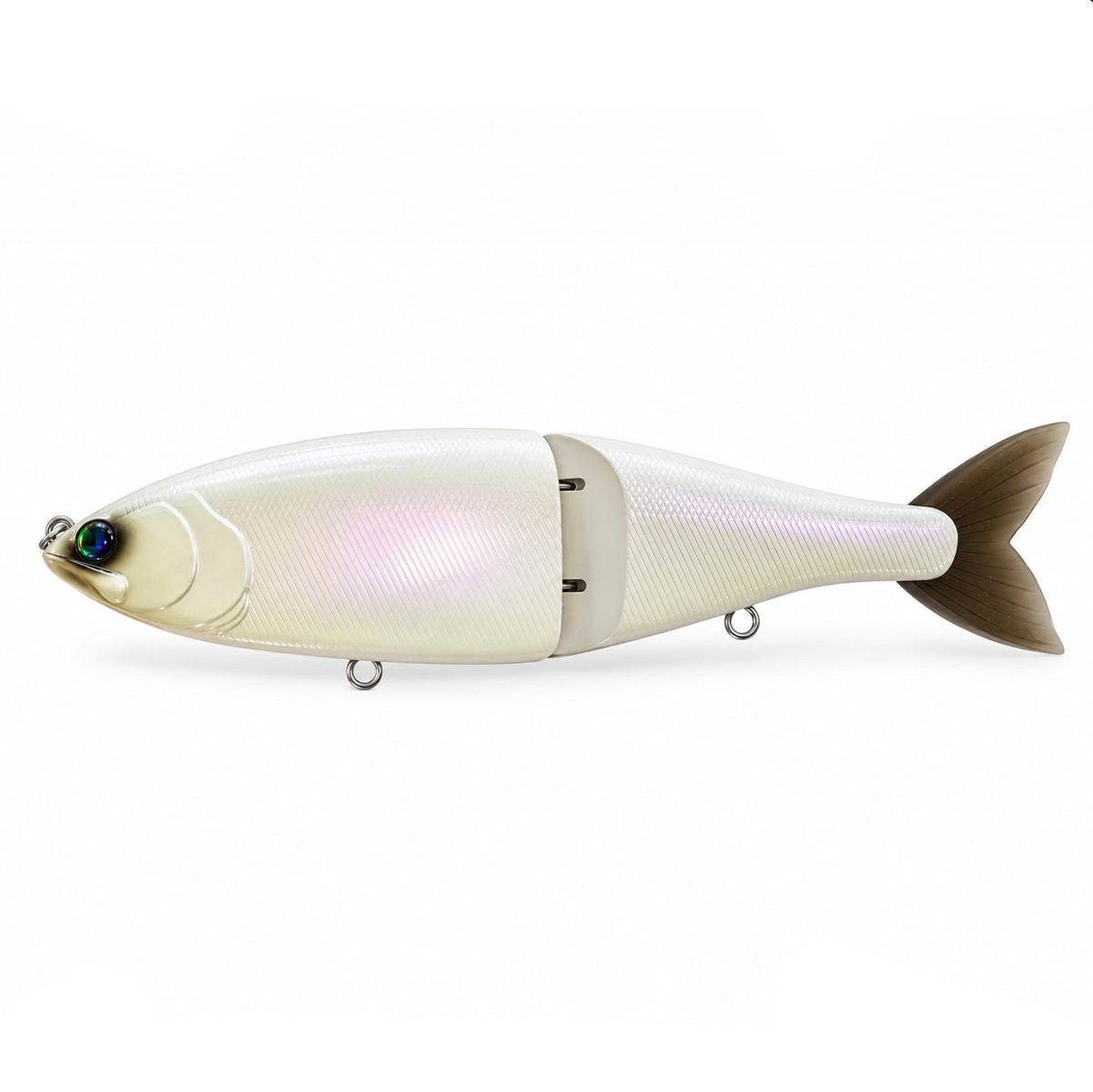 Swimbait Republic Glideway 236 side view with pearl-white body, faint pink sheen, blue-green eye and brown forked tail.