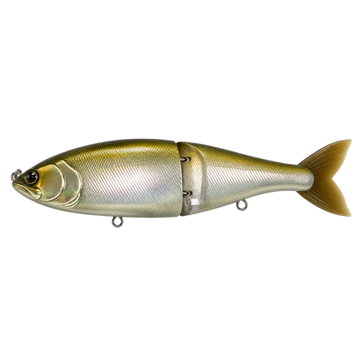 Swimbait Republic Glideway 236 side view with olive-gold back, silver sides, sculpted gills and brown forked tail.