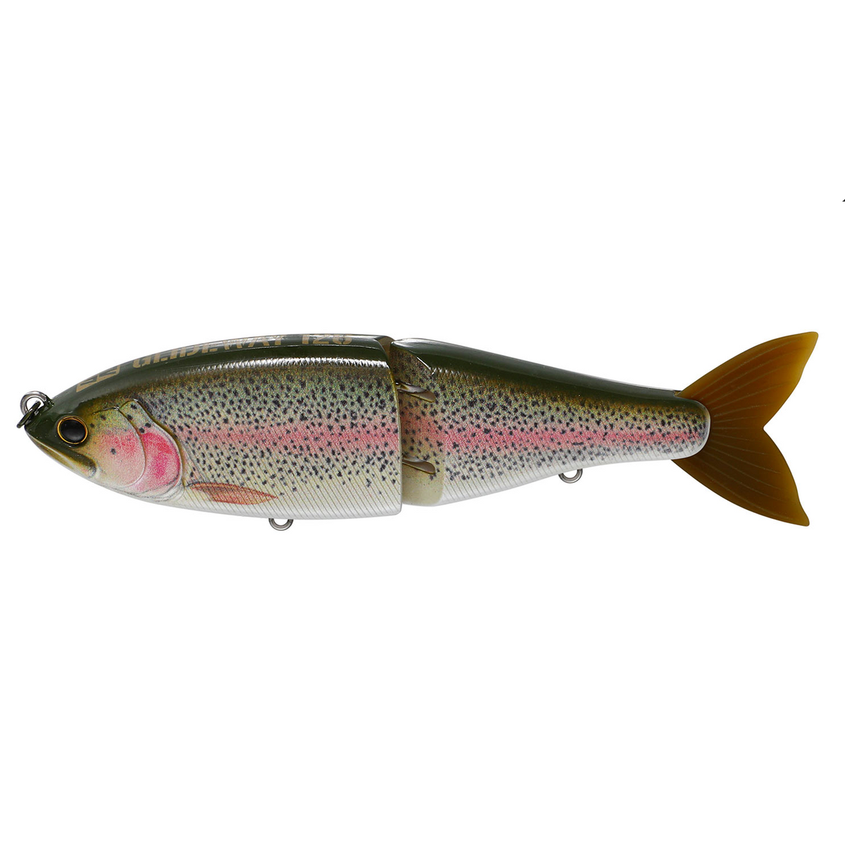 Swimbait Republic Glideway 236 trout-pattern side view with dark spots, pink stripe, olive back and amber forked tail.