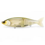 Swimbait Republic Glideway 236 side view with olive back, translucent gold sides, yellow face and pale forked tail.