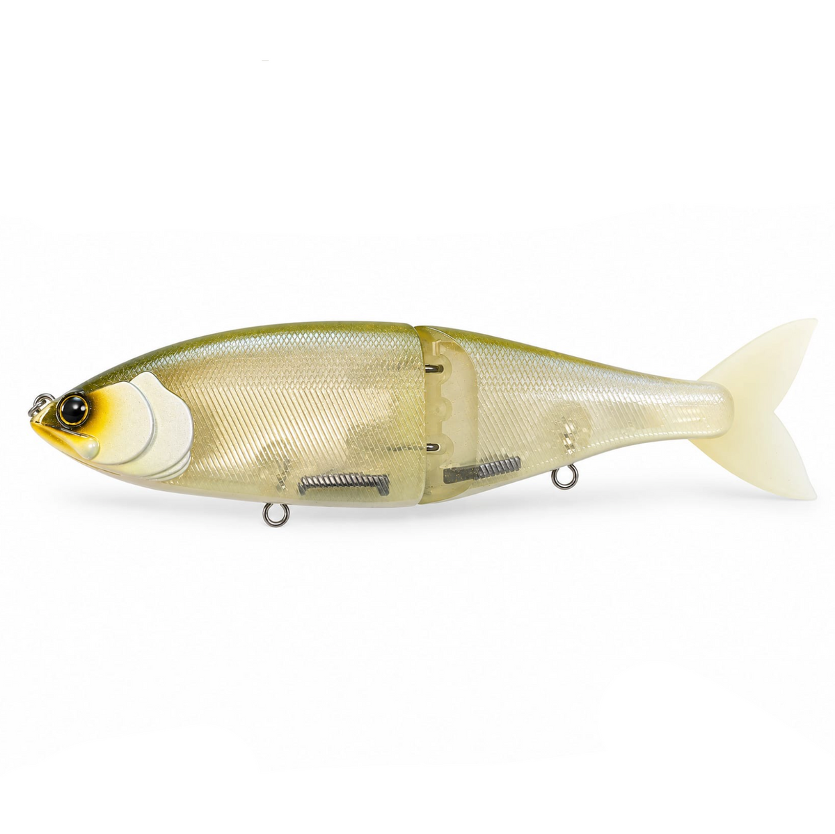 Swimbait Republic Glideway 236 side view with olive back, translucent gold sides, yellow face and pale forked tail.