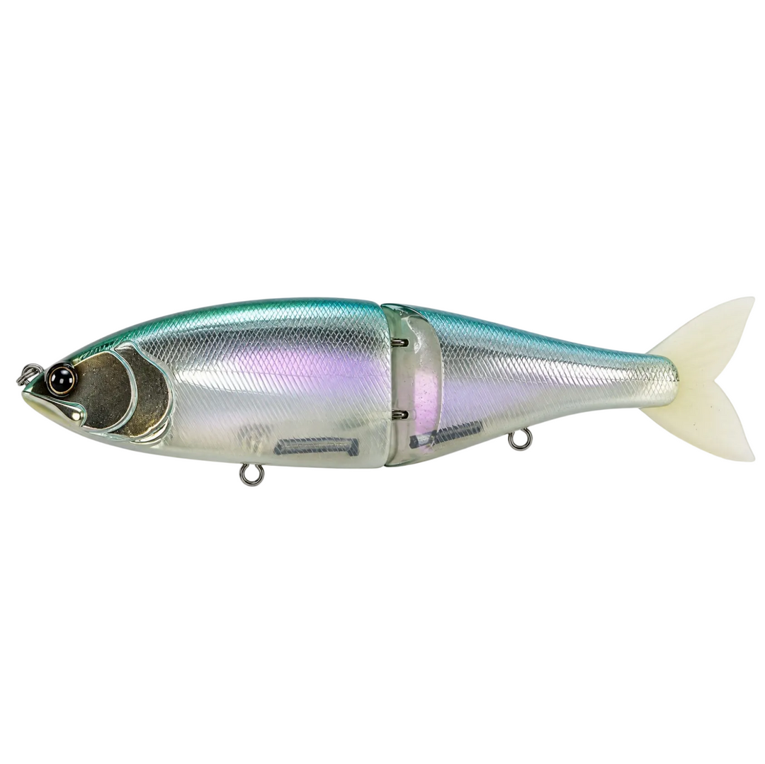 Swimbait Republic Glideway 236 side view with teal back, silver and lavender sides, jointed body and pale forked tail.