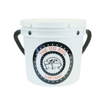 A white plastic bucket with black rope handles and a circular front logo that reads 'THE JIG RIG LURE CADDY' with a fish illustration, on a plain white background.