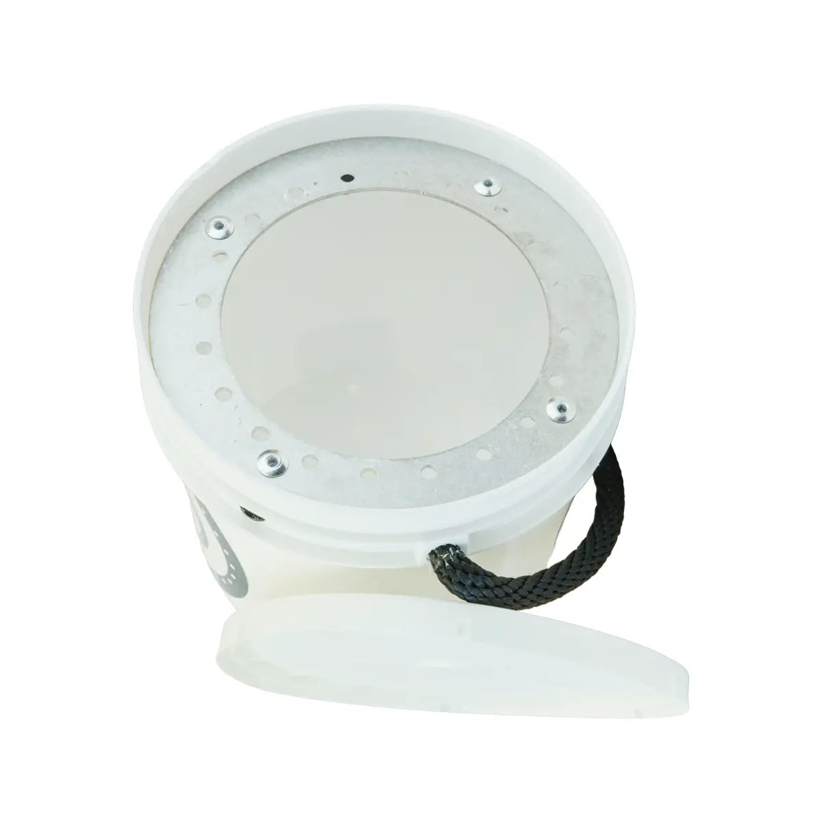 A white plastic bucket with a clear plastic lid secured by metal screws, featuring a black braided rope handle and a white plastic splash guard, shown on a white background.