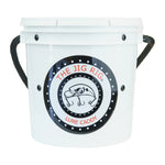 A white plastic bucket with black rope handles and a large circular black-and-red logo on the front reading 'THE JIG RIG LURE CADDY' with a fish illustration.