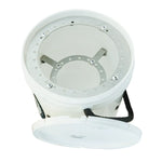 A white plastic bucket with its lid off, showing a metal circular rack or insert inside the bucket. A black carrying handle is attached to the side of the bucket.