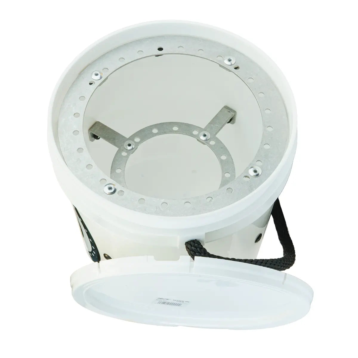 A white plastic bucket with its lid off, showing a metal circular rack or insert inside the bucket. A black carrying handle is attached to the side of the bucket.