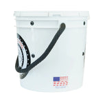 A white plastic bucket with a black braided rope handle, featuring a circular black and white logo on the side and a small American flag graphic near the bottom.