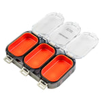 Fishing tackle box with three orange compartments on a white background