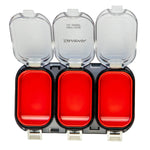 Three red light bulbs in clear covers with a brand logo on a white background