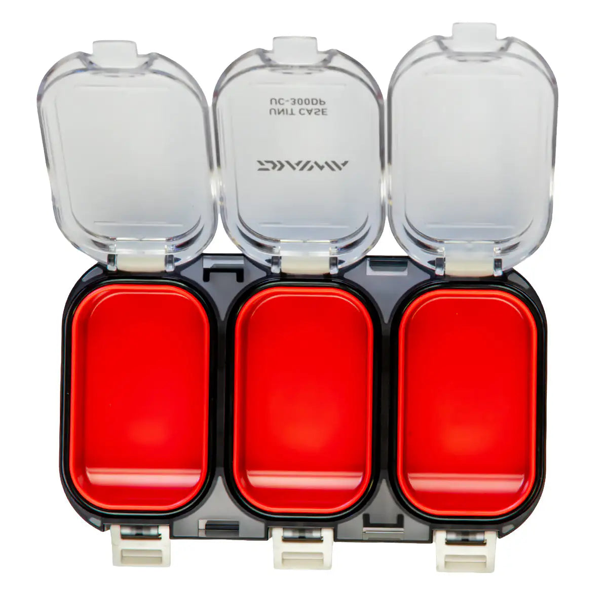 Three red light bulbs in clear covers with a brand logo on a white background