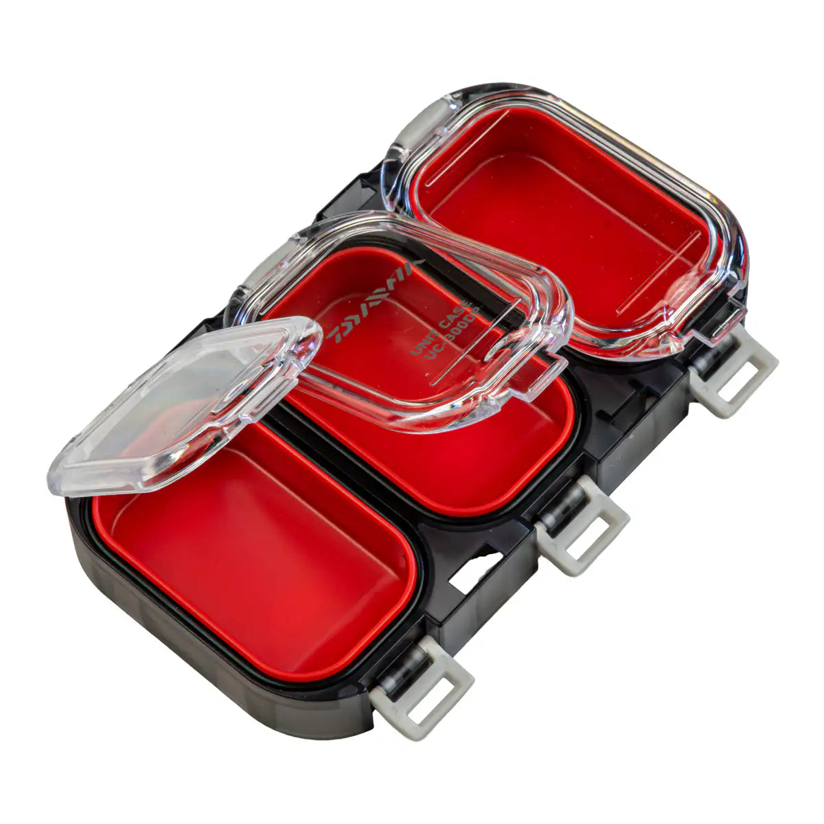 Two red compartments with clear lids in a black container on a white background