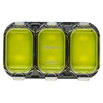 Three yellow compartments in a black case with Daiwa branding on a white background