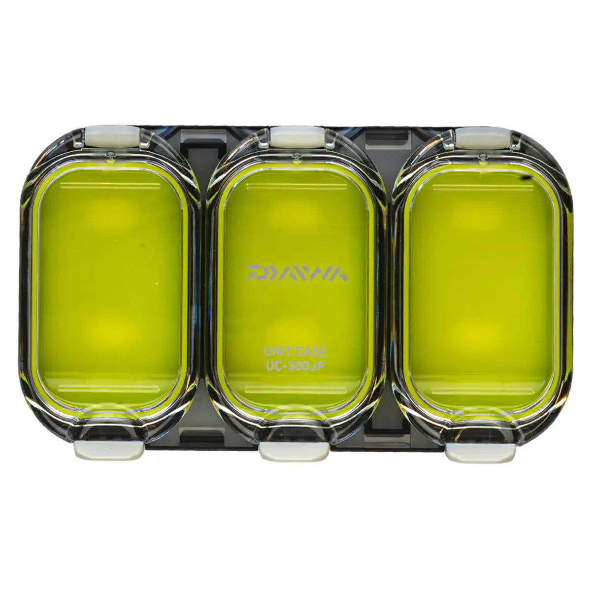 Three yellow compartments in a black case with Daiwa branding on a white background